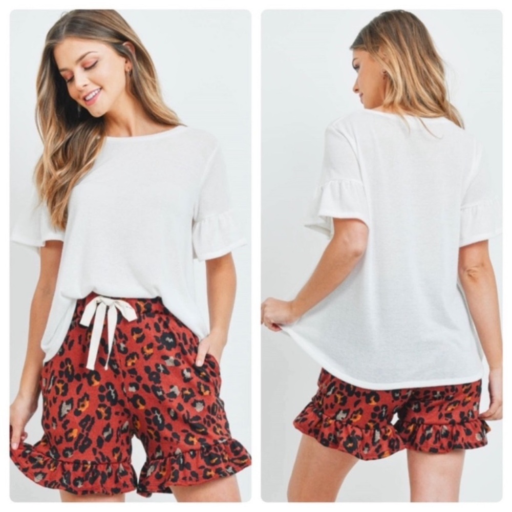 2 Piece White Ruffle Sleeve Top and Leopard Print Shorts